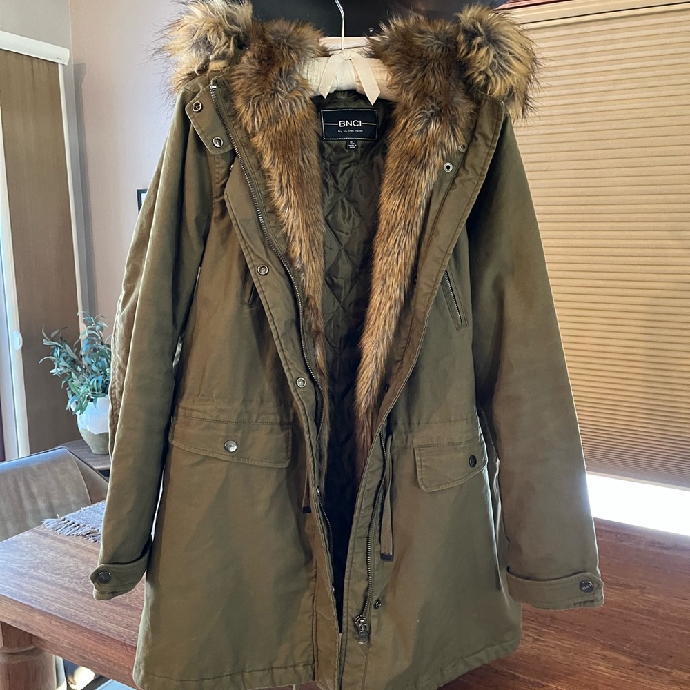 BNCI by Blanc Noir Army Green Field Coat with Faux Fur Hood